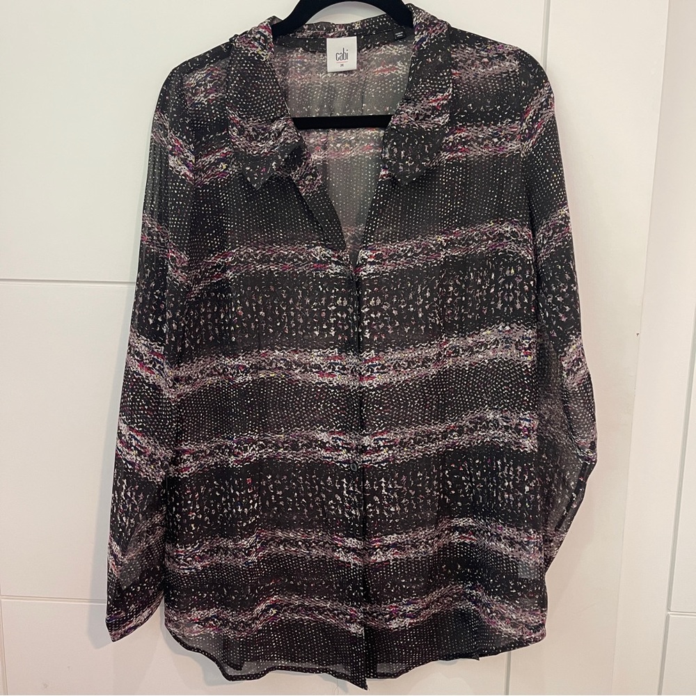CAbi Paris Chiffon Blouse 3249 Sheer Button Front Print Top Womens Medium EUC